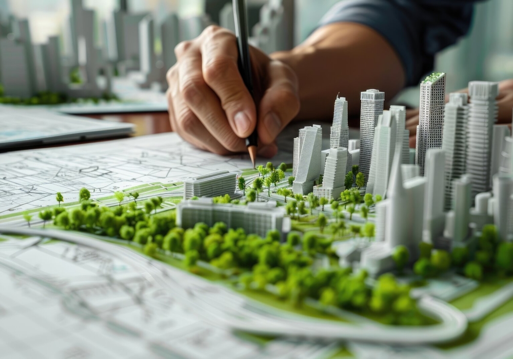 han-dijaineoga-dosiui-geonchug-model-eul-beullupeulinteu-wie-geuligo-issneunde-geu-ap-eneun-geonmulgwa-namuga-issneun-jag-eun-gyumoui-dosi-model-i-issda